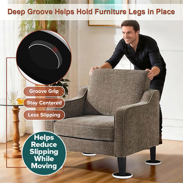 A man pushes a gray armchair with Heavy Duty Furniture Sliders under its legs. An inset shows a close-up of the groove grip slider. Text highlights benefits: sliders stay centered, reduce slipping, and minimize movement during use.