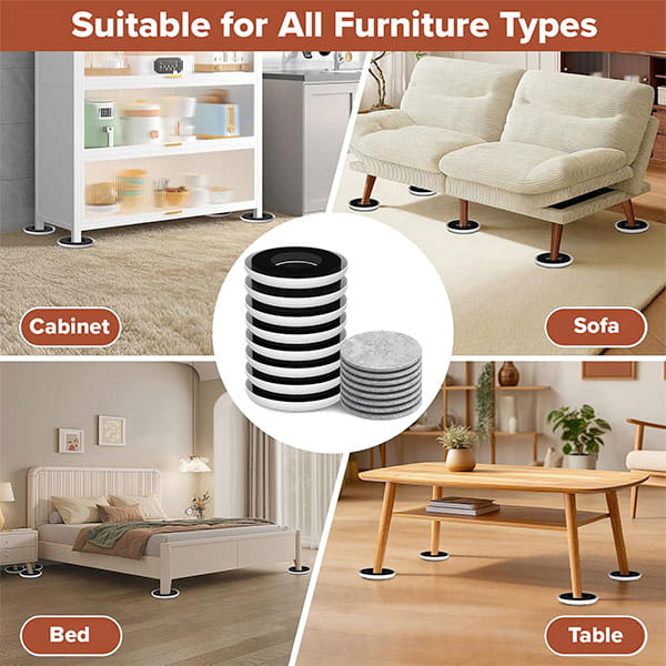 Image features a cabinet, sofa, bed, and table each with Heavy Duty Furniture Sliders under their legs; a stack of sliders is shown in the center. Text says: Suitable for All Furniture Types.