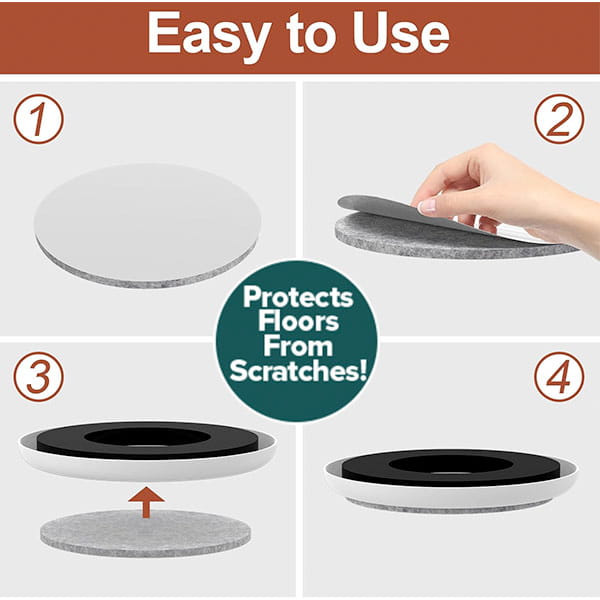 Step-by-step diagram shows how to apply Heavy Duty Furniture Sliders, with a hand peeling the backing. Text in the center reads Protects Floors From Scratches! and Easy to Use at the top.