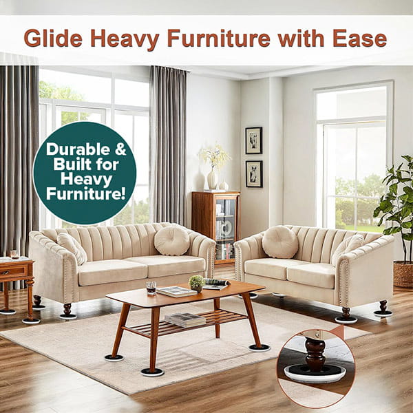 A bright living room with two beige sofas and a coffee table on Heavy Duty Furniture Sliders. Text reads: Glide heavy furniture with ease—durable, built to last, and perfect as floor protectors!.