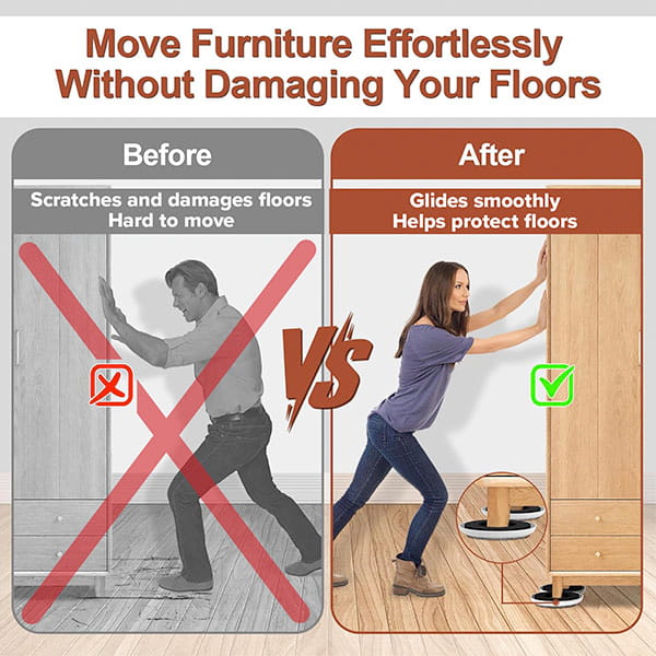 Comparison image: A man struggles to move a cabinet, scratching the floor (Before). After, a woman easily slides it using Heavy Duty Furniture Sliders. Move furniture effortlessly and protect your floors with Heavy Duty Furniture Sliders.