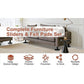 Living room with brown sofas and a side table, each leg on Heavy Duty Furniture Sliders. Text reads: Heavy Duty Furniture Sliders. Icons highlight: deep groove, scratch protection, easy movement, reusable floor protectors.