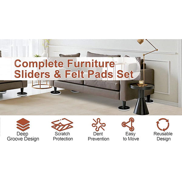 Living room with brown sofas and a side table, each leg on Heavy Duty Furniture Sliders. Text reads: Heavy Duty Furniture Sliders. Icons highlight: deep groove, scratch protection, easy movement, reusable floor protectors.