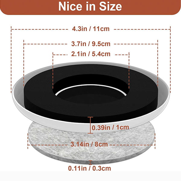 Diagram of Heavy Duty Furniture Sliders with labeled measurements: outer diameter 4.3 in/11 cm, inner diameter 3.14 in/8 cm, top hole 2.1 in/5.4 cm, height 0.39 in/1 cm, base thickness 0.11 in/0.3 cm.