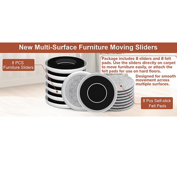 Eight round, black-and-white Heavy Duty Furniture Sliders and eight gray felt floor protectors are stacked together, with text highlighting the Heavy Duty Furniture Sliders as ideal for moving furniture across various surfaces.