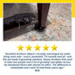 A round Heavy Duty Furniture Slider sits under a dark wooden table leg on a colorful speckled rug, with a five-star review below praising these sliders for making heavy furniture easy and effortless to move.