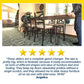 A person uses Heavy Duty Furniture Sliders under a dining table leg on a carpeted floor. Shown below is a five-star rating and a customer review highlighting the sliders’ ease of use and effectiveness on carpet.