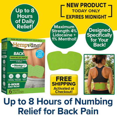Ad for Hempvana Back Pain Relief Patch: Show one person applying the patch to their lower back, and another comfortably wearing it. Highlights: Lidocaine and menthol formula, provides up to 8 hours of back pain relief, plus free shipping.
