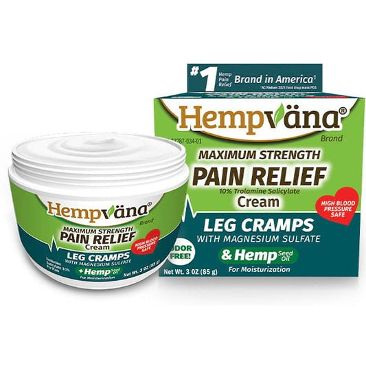 Hempvana Leg Cramps container and box, emphasizing targeted leg cramp relief with magnesium sulfate and nourishing hemp seed oil. The packaging highlights its odor-free formula and suitability for individuals with high blood pressure. This powerful muscle pain cream is specially formulated to provide fast-acting, easy relief from discomfort.