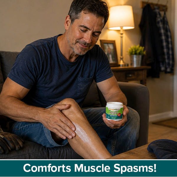 A man sits on a couch, smiling as he applies Hempvana Leg Cramps cream to his leg. He holds a container of the pain relief cream. Text at the bottom reads, Comforts Muscle Spasms! A lamp and coat rack are visible in the background.