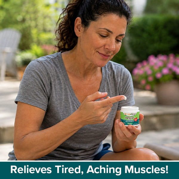 A woman in a gray t-shirt smiles while applying cream from a small container labeled Hempvana Leg Cramps, enriched with hemp seed oil. Text below reads: Relieves Tired, Aching Muscles! Outdoors with plants in the background.