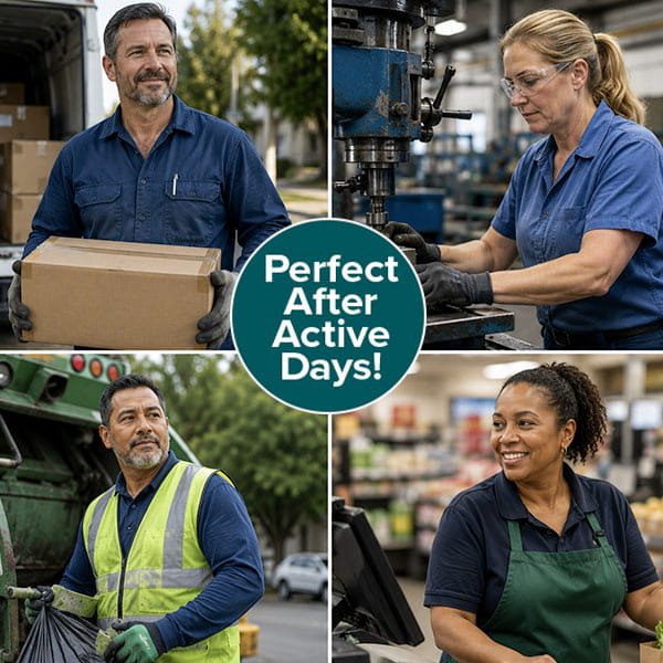 A collage features four smiling workers—a delivery driver, factory worker, sanitation staff, and cashier—in their uniforms. Center text reads: Perfect After Active Days! The image highlights how Hempvana Leg Cramps provides leg cramp relief and helps rejuvenate tired muscles after long hours on the job.