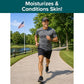 A man is jogging on a paved path in a park with an American flag and trees in the background. Text at the top reads, “Moisturizes & Conditions Skin! Powered by hemp seed oil for natural leg cramp relief with Hempvana Leg Cramps.”.