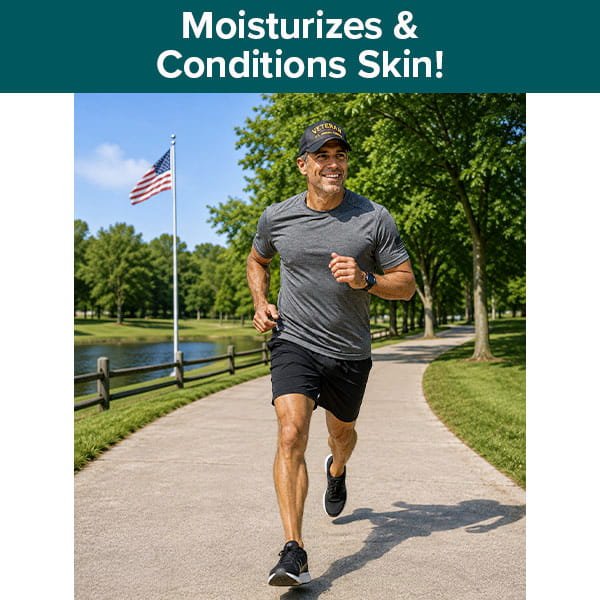 A man is jogging on a paved path in a park with an American flag and trees in the background. Text at the top reads, “Moisturizes & Conditions Skin! Powered by hemp seed oil for natural leg cramp relief with Hempvana Leg Cramps.”.