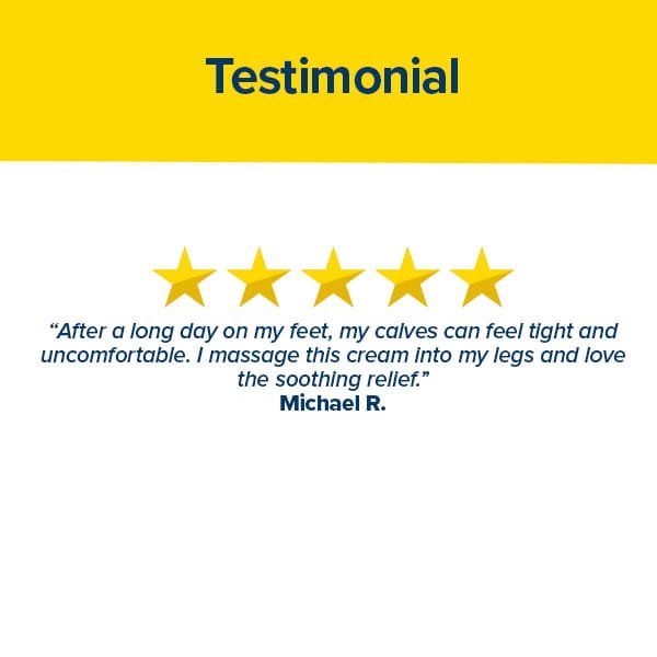 A five-star testimonial reads: After a long day on my feet, my calves can feel tight and uncomfortable. I massage Hempvana Leg Cramps, enriched with hemp seed oil, into my legs and love the soothing relief. – Michael R.