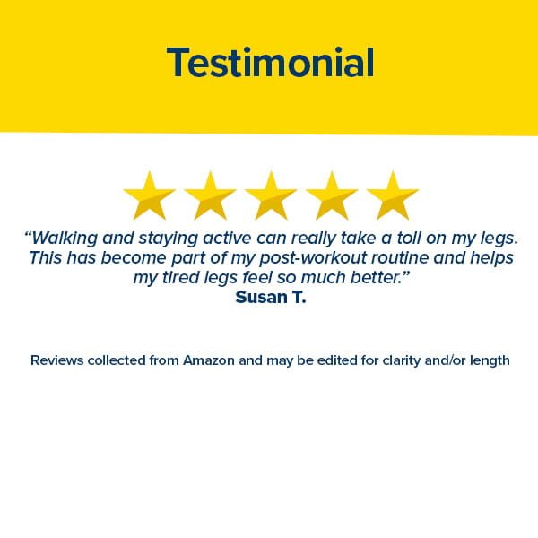 Five yellow stars and a quote from Susan T. praise Hempvana Leg Cramps for relieving tired legs after workouts; includes a note that the review was collected from Amazon and may have been edited.