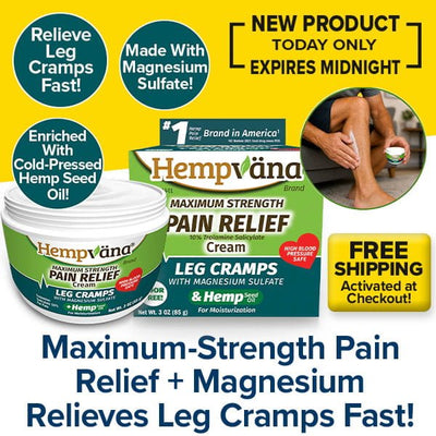 Introducing Hempvana Leg Cramps—our newest muscle pain cream featuring the power of hemp seed oil for effective, fast relief from leg cramps. View the image of someone applying this soothing cream directly to their leg. Take advantage of free shipping before this offer ends at midnight!.