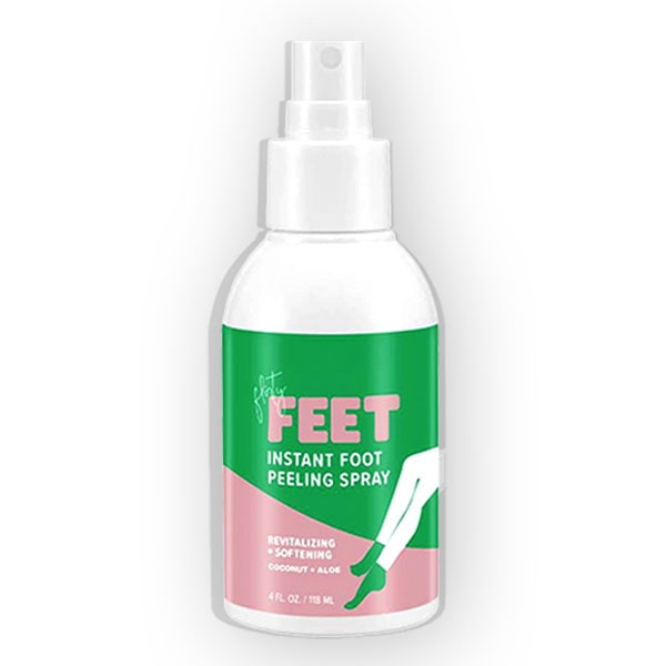 White spray bottle labeled Instant Foot Peeling Spray with pink and green design, featuring a leg and foot drawing. Revitalizes and softens with coconut & algae; ideal callus remover for cracked feet.