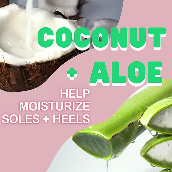 Coconut halves with milk and aloe vera slices on a pink background. Text reads: Coconut + Aloe help moisturize cracked feet—perfect after using Instant Foot Peeling Spray.