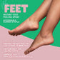 Two smooth, bare feet are shown with text promoting Instant Foot Peeling Spray—an affordable callus remover for cracked feet, giving sandal-ready skin in under 10 minutes and over 50 uses per bottle.