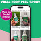 A phone shows social posts about Instant Foot Peeling Spray, the ultimate callus remover with green and pink branding. Text reads Viral on Social Media! and Instant Foot Peeling Spray on a green background.