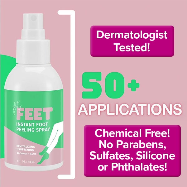 A bottle of Instant Foot Peeling Spray is featured as a callus remover, highlighting Dermatologist Tested, 50+ applications, and Chemical Free—no parabens, sulfates, silicone, or phthalates.
