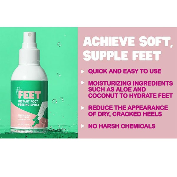 A bottle of Instant Foot Peeling Spray on a green background. Text highlights: achieve soft feet, easy to use, moisturizing, reduces cracked feet and calluses, no harsh chemicals.