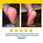 Two images show a foot before and after using Instant Foot Peeling Spray: the before foot is cracked, while the after appears smooth. Five stars and a customer testimonial are displayed below.