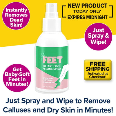 Instant Foot Peeling Spray is shown with text highlighting easy callus and cracked feet removal, free shipping, and a new product offer ending at midnight.