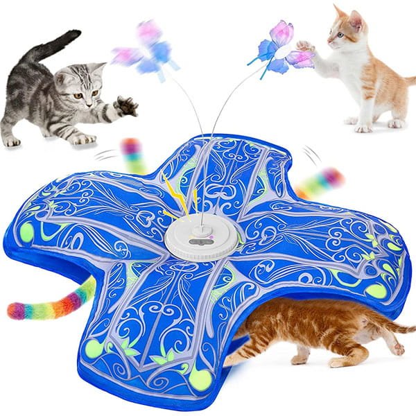 Three curious kittens gather around the Interactive Hide and Seek Cat Toy, which features spinning butterflies and a hidden wand with a rainbow tail. One kitten bats at the fluttering butterfly, another chases the colorful wand as it moves under the toy, while a third watches with keen interest. This rechargeable interactive cat toy provides endless amusement and engaging hide-and-seek fun for playful cats.