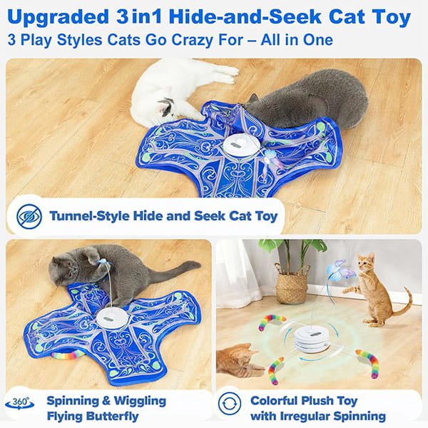 Two cats enjoy the Interactive Hide and Seek Cat Toy, a blue rechargeable toy designed with a tunnel, spinning butterfly, and plush tail attachments. The toy is displayed in three unique play styles for cats, making it the ultimate interactive cat toy for hide and seek fun.