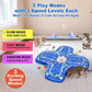Three cats play with a blue Interactive Hide and Seek Cat Toy that features slow, fast, and random modes. The text explains the toy offers 3 play modes and 3 speed levels to suit cats of all ages and activity levels.