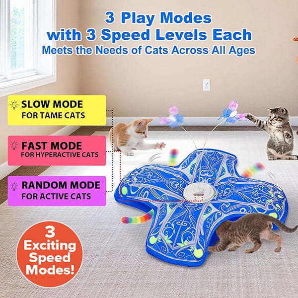 Three cats play with a blue Interactive Hide and Seek Cat Toy that features slow, fast, and random modes. The text explains the toy offers 3 play modes and 3 speed levels to suit cats of all ages and activity levels.