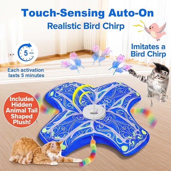 The Interactive Hide and Seek Cat Toy is a blue, star-shaped toy featuring a hidden rainbow tail. It offers touch-sensing auto-on activation, a realistic bird chirp sound, and operates for 5 minutes per session. Adorned with playful cartoon bird illustrations, this interactive toy is ideal for both cats and kittens.