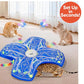 Three cats play with a blue Interactive Hide and Seek Cat Toy on a carpeted floor. Two cats paw at the moving butterfly toys above, while one cat crouches underneath the Interactive Hide and Seek Cat Toy, creating the ultimate hide and seek cat toy experience. A “Set Up in Seconds!” sign is visible in the corner.