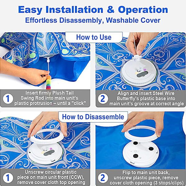 Instructional image showing steps to install and disassemble the Interactive Hide and Seek Cat Toy with a blue-patterned design and a white circular base, including inserting the rod, aligning the butterfly part, unscrewing the base, and removing the cover.