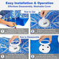 Instructional image showing steps to install and disassemble the Interactive Hide and Seek Cat Toy with a blue-patterned design and a white circular base, including inserting the rod, aligning the butterfly part, unscrewing the base, and removing the cover.