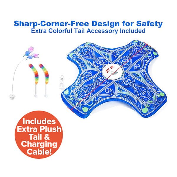 The Interactive Hide and Seek Cat Toy is a vibrant blue, rechargeable cat toy featuring a plush tail, extra tail accessory, and included charging cable. Designed with rounded edges for safety, this engaging toy provides hours of interactive hide-and-seek fun for your cat. Its colorful design and included accessories ensure safe, stimulating playtime every day.