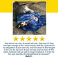 A gray and white cat lies on its side, partially wrapped in a blue, patterned nylon blanket, playfully batting at an Interactive Hide and Seek Cat Toy shaped like a ball.