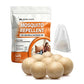 Seven round, beige Mosquito Repellent Balls With Citronella Oil placed in front of a white pouch and a small drawstring bag.