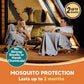 A couple sits on a wooden deck covered in blankets with two Mosquito Repellent Balls With Citronella Oil nearby, with text overlays describing the natural, long-lasting, odor-free protection.