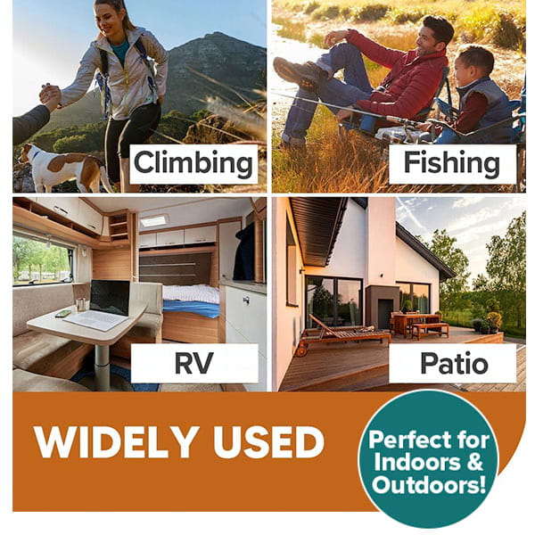 A four-panel collage showing hiking, fishing with a child, an RV interior, and a patio, featuring Mosquito Repellent Balls With Citronella Oil with text reading WIDELY USED and Perfect for Indoors & Outdoors!.
