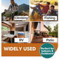 A four-panel collage showing hiking, fishing with a child, an RV interior, and a patio, featuring Mosquito Repellent Balls With Citronella Oil with text reading WIDELY USED and Perfect for Indoors & Outdoors!.