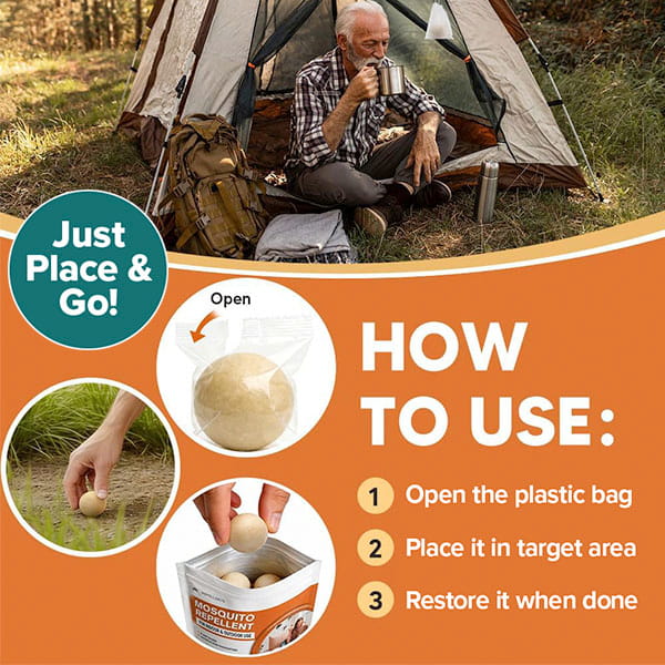 An older man sits at a campsite entrance, with an infographic showing Mosquito Repellent Balls With Citronella Oil being removed from a bag and placed on the ground, accompanied by three numbered instructions.