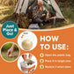 An older man sits at a campsite entrance, with an infographic showing Mosquito Repellent Balls With Citronella Oil being removed from a bag and placed on the ground, accompanied by three numbered instructions.