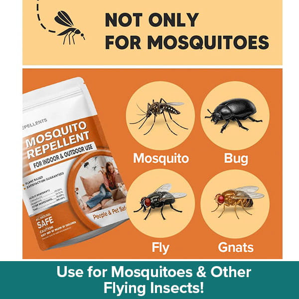 Mosquito Repellent Balls With Citronella Oil shown next to circular icons of a mosquito, beetle, housefly, and gnat, with text indicating it repels various insects.