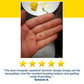 A hand holds a small, brown, circular Mosquito Repellent Balls With Citronella Oil, with a plate of food in the background and a five-star review below.