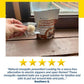 A hand holds a single, wrapped, round Mosquito Repellent Balls With Citronella Oil next to a pouch of natural insect repellent, with a five-star review underneath that praises the product.
