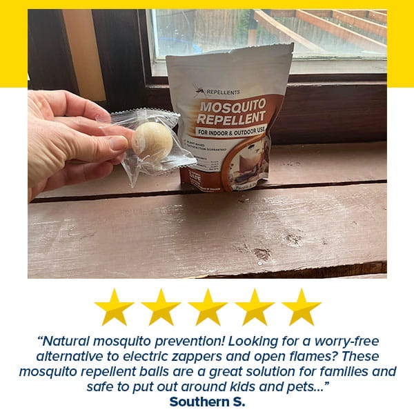 A hand holds a single, wrapped, round Mosquito Repellent Balls With Citronella Oil next to a pouch of natural insect repellent, with a five-star review underneath that praises the product.