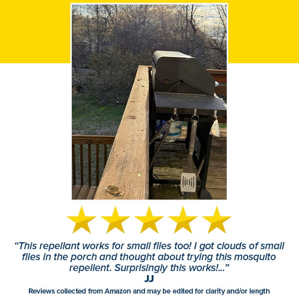 A backyard grill on a wooden deck overlooking trees, with Mosquito Repellent Balls With Citronella Oil nearby and a five-star review underneath.